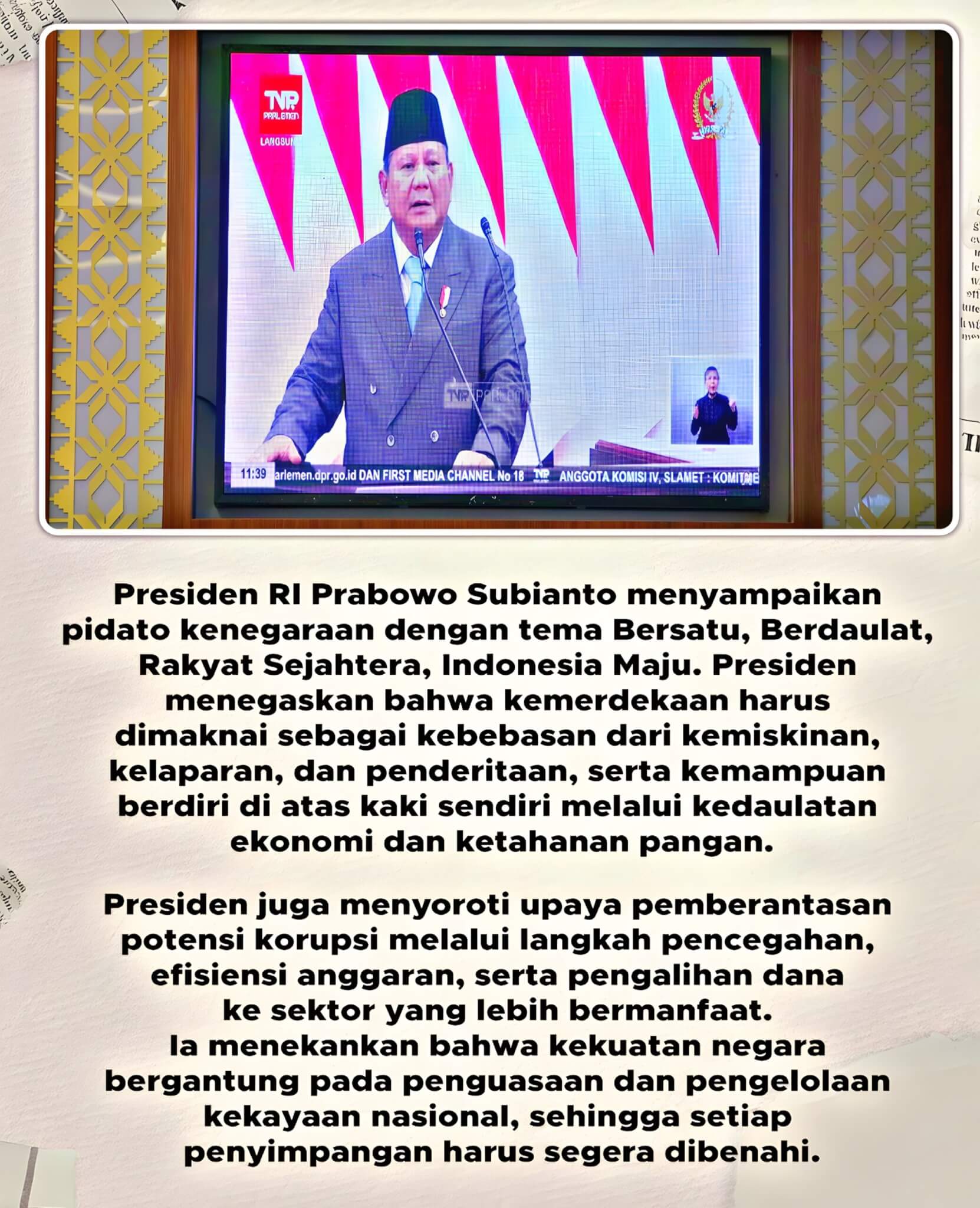 Gubernur dan Jajaran Forkopimda Lampung Ikuti Pidato Kenegaraan Presiden Prabowo Subianto